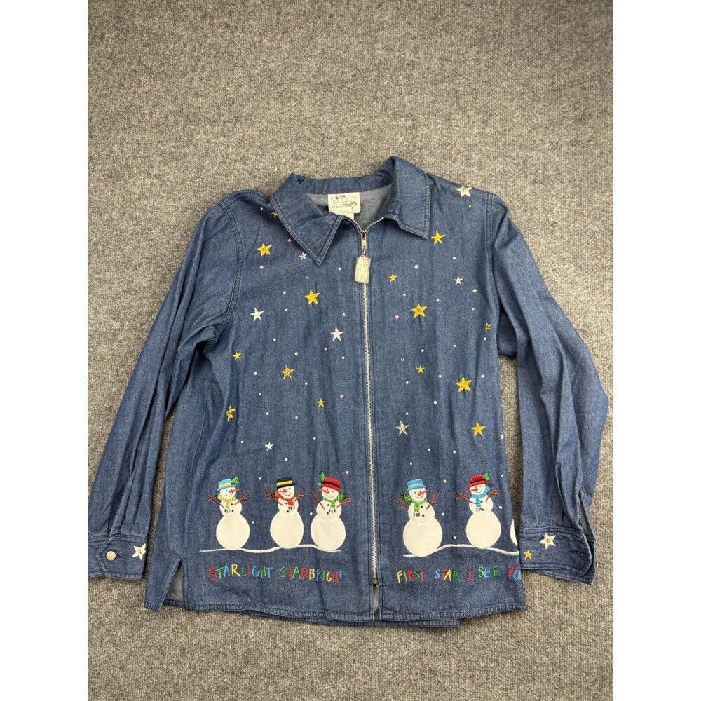Quacker Factory Jacket Womens Large Snowman Star Embroidered Denim Christmas